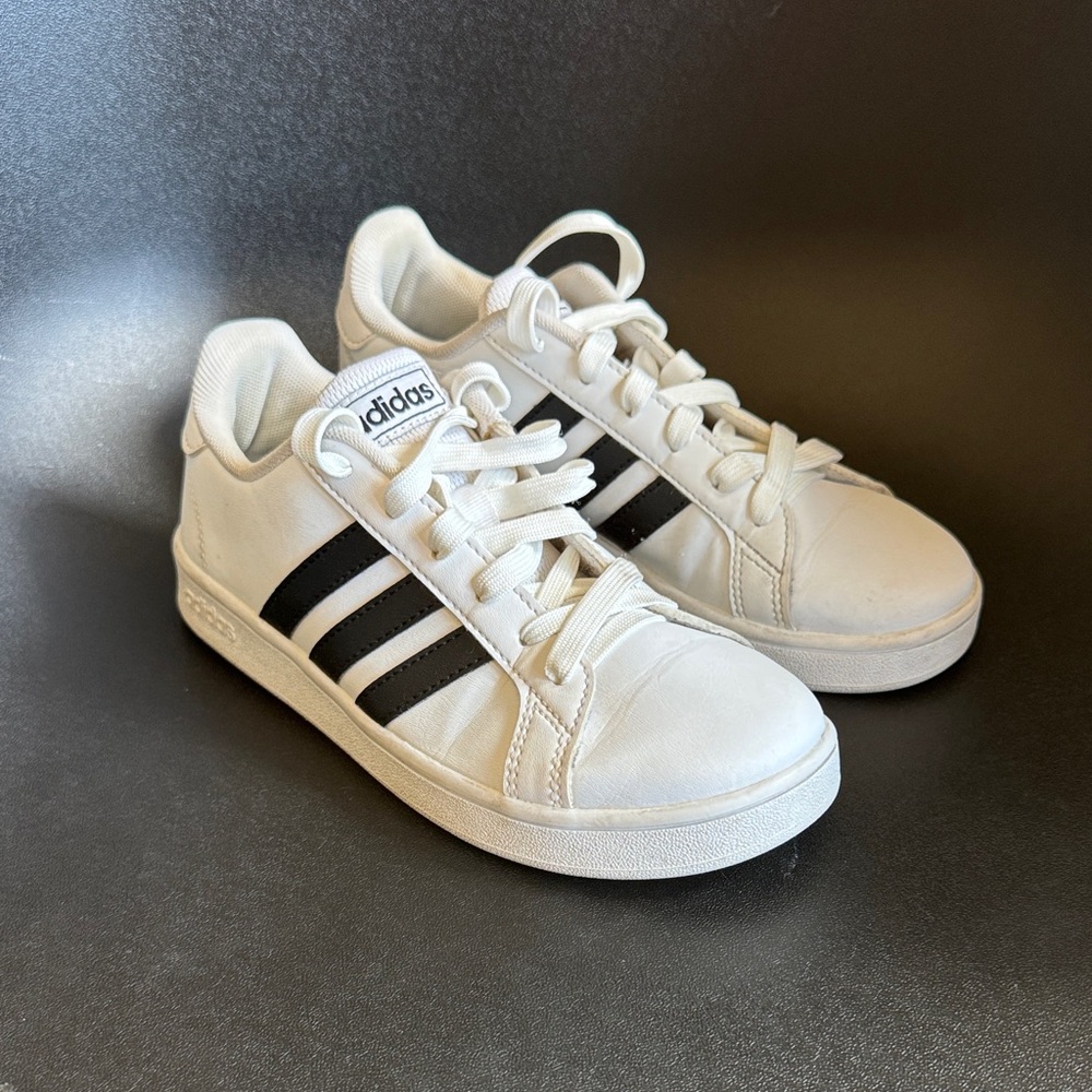 adidas Kids White Sneakers with Black Three-Stripes